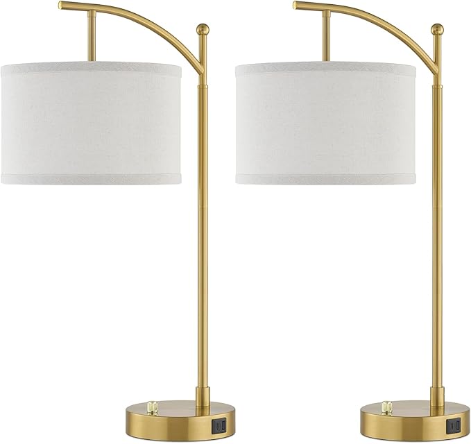 Table Lamp for Living Room Bedroom, 23.5" Table Lamps Set of 2 with USB C+A Ports, Bedside Lamps for Nightstand with Linen Lamp Shades, 2 Dimmable LED Bulbs Included, Gold