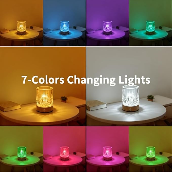 Small Creative Crystal Table Lamp with RGB Color Changing Night Light with Solid Wood Base,Touch Control & Rechargeable,Ideal as Romantic Gifts for Bedroom or Living Room Decor