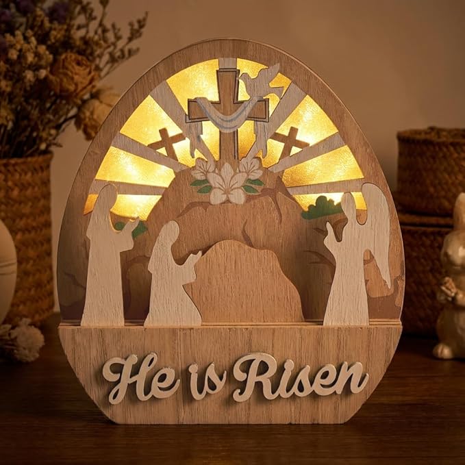 Valery Madelyn Easter Decorations with LED Light, Lighted Empty Tomb Scene and Cross Decoration, Wooden Christian Easter Decor Resurrection Scene for Home Table Shelf, 6.3 inch
