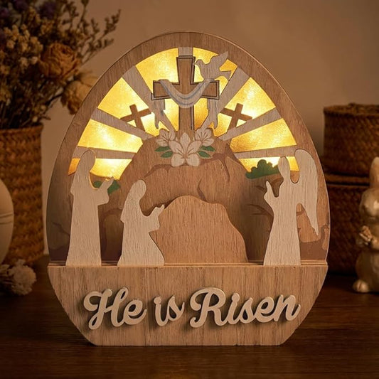 Valery Madelyn Easter Decorations with LED Light, Lighted Empty Tomb Scene and Cross Decoration, Wooden Christian Easter Decor Resurrection Scene for Home Table Shelf, 6.3 inch