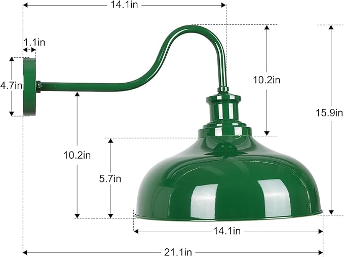 Outdoor Gooseneck Barn Lights, 14 Inch Dome Rustic Outdoor Wall Sconces, Farmhouse Exterior Wall Mount Lighting Fixture, Industrial Green Wall Lantern for Porch, Entryway, Garage, RZ007M-2 GR+WH