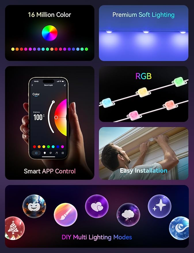 50FT Permanent Outdoor Lights, Smart RGB LED Lights Outside with DIY Colors Scene Modes, 25LED IP67 Waterproof Eaves Lights for Christmas Halloween Holiday Party Garden Daily Decorations