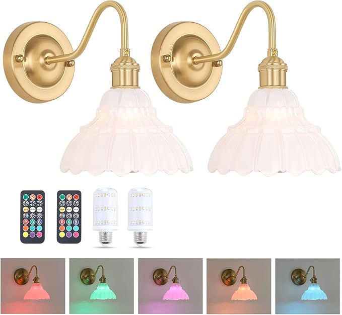 Battery Operated Wall Sconce Set of 2, Vintage Rechargeable Wall Lights with White Lily Glass Shade, Wireless Indoor Wall Lamp for Bedroom Living Room Bathroom