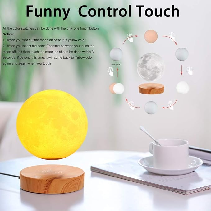 VGAzer Levitating Moon Lamp with Wood Base 3D Printing Technology Floating and Spinning in mid-air Freely for Unique Gifts,Room Decor,Night Light,Office Desk Tech Toys