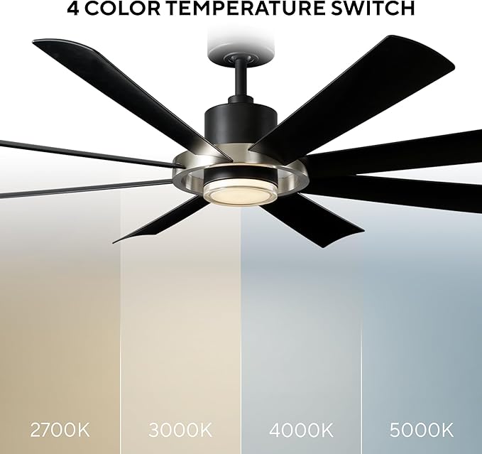 Modern Forms Aura Indoor and Outdoor 8-Blade 60in Smart Ceiling Fan in Matte Black Brushed Nickel Ring with 2700K-3000K-4000K-5000K Selectable LED Light Kit and Remote Control works App