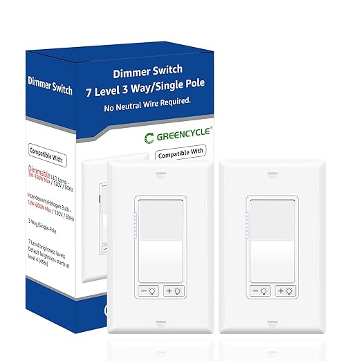 Greencycle 2 Pack Dimmer Light Switch, Single Pole or 3-Way, Compatible with 300W LED/CFL & 600W Incandescent/Halogen, 15A 120V, No Neutral Wire Required, UL Listed, Wall Plate Included, White