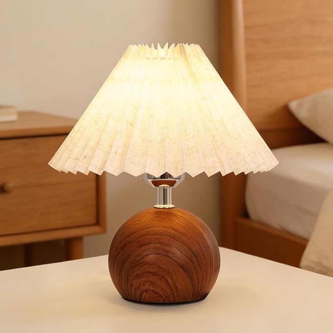 Small Pleated Table Lamp, Modern Bedside Nightstand Lamp with Pleated Shade, Cute LED Table Lamp for Bedroom, Mid-Century Night Light with Pleated Linen Shade(E26 Bulb Included)