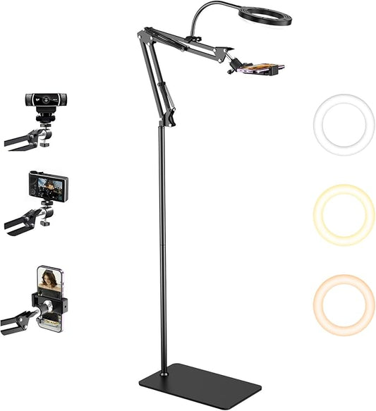 Floor Overhead Phone Mount with Ring Light, LED Selfie Light Phone Tripod Stand for Video Recording, Compatible with iPhone, 3 Color Modes for Filming, YouTube, TikTok, Live Stream, Vlog, Cooking