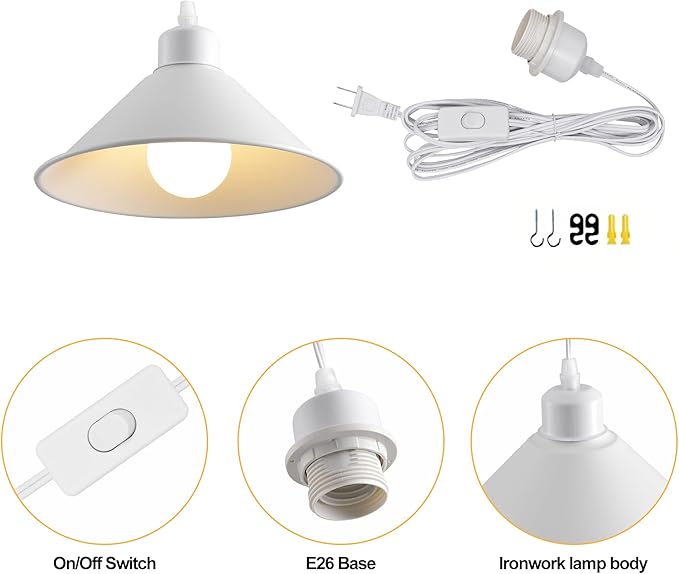 8.2IN Plug in Pendant Light, 2 Pack Industrial Hanging Lamp White Vintage Pendant Lighting Fixtures with 15ft Cord On/Off Switch for Kitchen Island Dinning