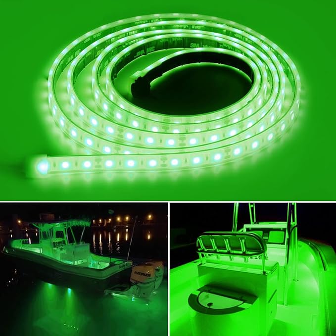 Marine Submersible Boat LED Strip Lights, 12V 4FT IP68 Waterproof Underwater Led Lights, Boat Interior Light, Boat Deck Light Courtesy Lighting for Night Fishing Pontoon Kayak, Green
