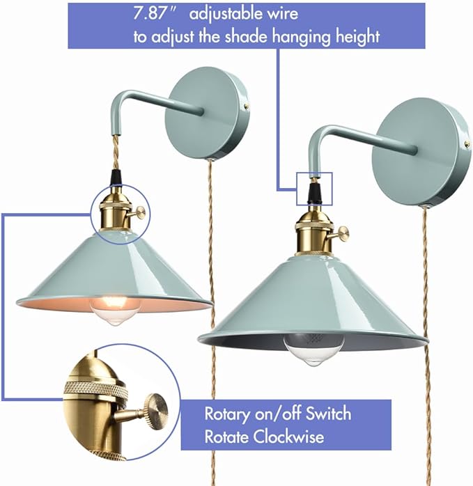 Sea Green Wall Sconce 2-Pack, Hanging Height-Adjustable Wall Lamp, Plug-in&Hardwire Optional Wall Light Fixture with On/Off Switch for Bedroom Coffee Bar