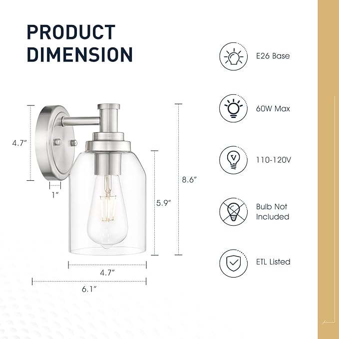 zeyu Modern Brushed Nickel Wall Sconce, Industrial Wall Light Fixtures Indoor for Bedroom Hallway, Bathroom Wall Sconce Lights with Clear Glass Shade, ZG33B BN