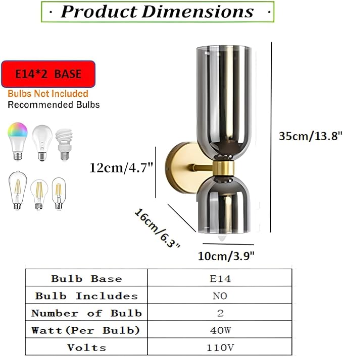 Mid Century Modern Wall Sconce, Gold Wall Light Set of Two 2-Light Modern Wall Lamp Smoke Grey Shade Wall Light for Restaurant Living Room Bedside Stairs Bathroom Mirror (Gold+Smoke Grey)