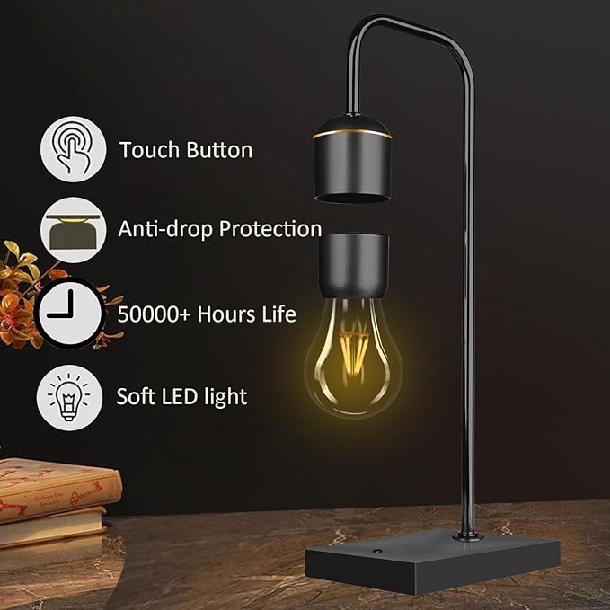 Magnetic Levitating Light Bulb Magnetic Levitation Plastic Black Base Table Lamp Antigravity White LED Night Light Floating Lamps for Christmas Office Gifts Home Decorations