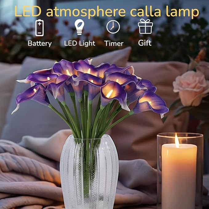 20pcs Lighted Artificial Calla Lily Bouquet Light Faux Floarl Night Light Real Touch Flower Night Lamp LED Calla Lily lighted Artificial Flower for Holiday Gifts Home Kitchen Decor(Purple, No Vase)