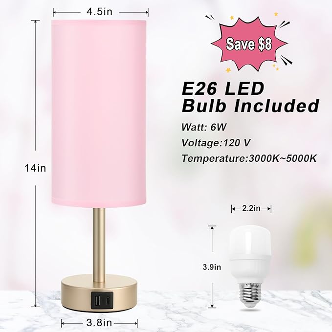 Small Table Lamp for Bedrooms - Bedside Lamps for Nightstands, Minimalist Night Stand Light with round fabric shade, Desk Reading Lamps for Children's room, Living room, Offices,Dorm (Pink and Gold)