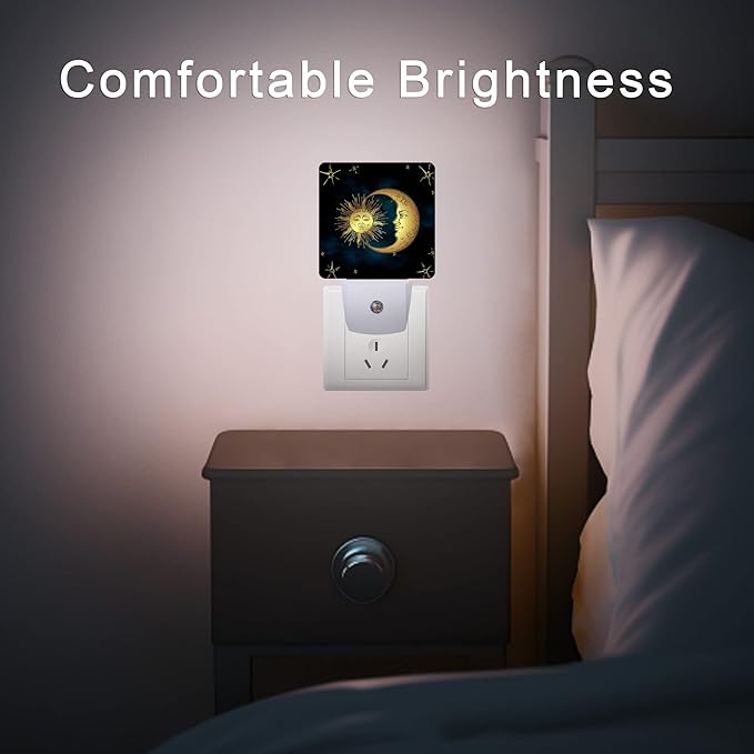 Celestial Moon Golden Sun Night Light,Boho Chic Stars Night Lights Plug into Wall with Dusk to Dawn Light Sensors 0.5W Dim Night-Lights for Bedroom