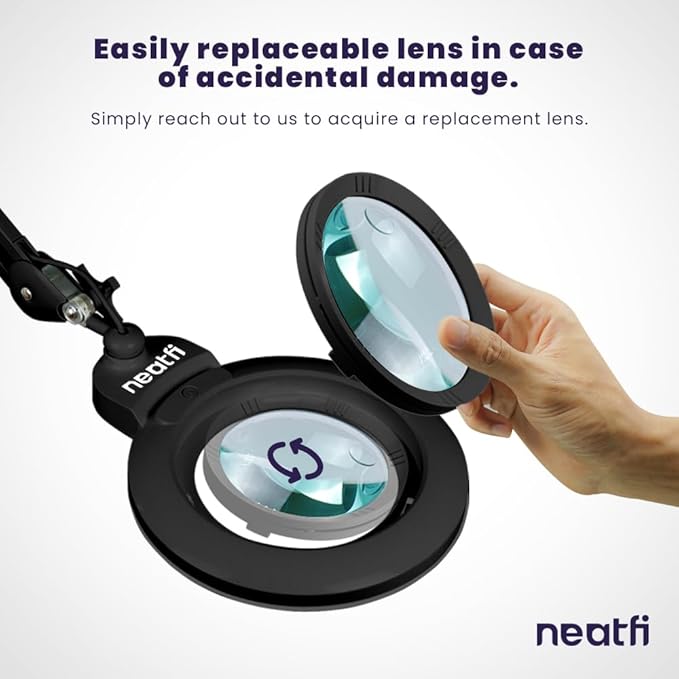 Neatfi XL Bifocal LED Magnifying Lamp – 7-Inch Acrylic Lens, 2.25x & 6X Magnification, 1,600 Lumens, Dimmable LED, Adjustable Arm, Hands-Free Close Work (Black, with Clamp)