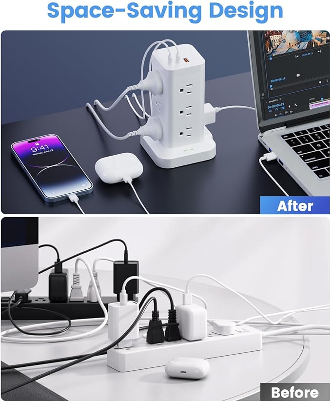 Power Strip Tower with Surge Protector 1800J, Fast Charging PD20W USB-C Ports with 12 AC Outlet Extenders, 10ft Extension Cord for Home Office Dorm Room Essentials, White