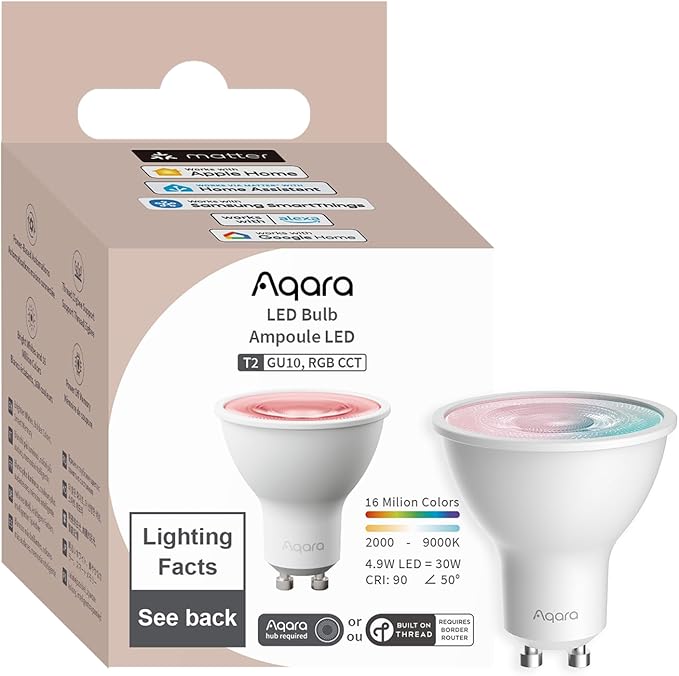 Aqara Thread/Zigbee Smart LED Light Bulb T2 GU10, Tunable White (2000K-9000K), RGB Color Changing Light Bulb with 16 Million Colors,Matter, Works with HomeKit, Alexa, Google