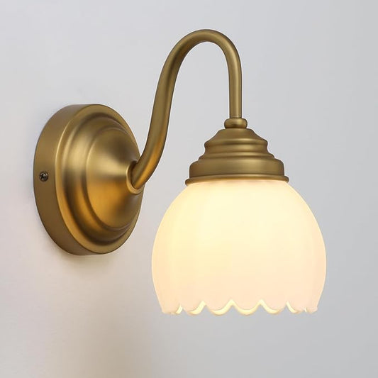 Pathson Milk White Wall Sconce Lamp with Tulip Thicken Glass, Modern Bathroom Sconce Hardwired Wall Vanity Light Indoor Decor for Mirror Living Room Foyer Loft Bedroom Farmhouse Lighting