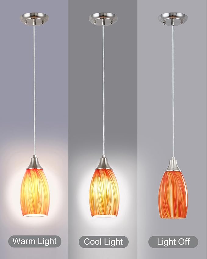 Art Glass Mini Pendant Lights for Kithen Island Blown Glass Pendant Lighting Shade with Brushed Nickel Finish 3Pack Hanging Pendant Light Kitchen Counter,Dining/Living Room Red Orange