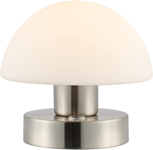 JONATHAN Y 5.75" Nickel/White Rechargeable Portable LED Table Lamp, Cordless Mushroom Accent Light for Bar, Nightstand, with Frosted White Glass Shade (JYL7113B)