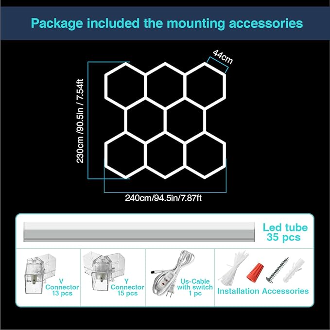 Dimmable Hexagon LED Garage Lights: Upgraded 3 Level Dimmable 35 Pack 8 Honeycomb Garage Lights Celling 6500K for Basement Warehouse Auto Beauty Shop Car Detailing Shop etc. (Dimmer 8 hexagon)