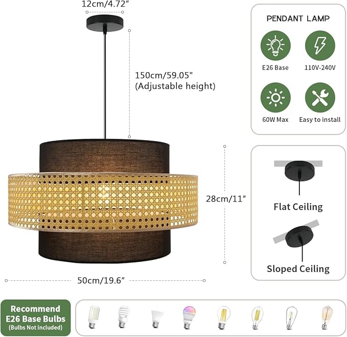 Boho Rattan Pendant Lights Hand-Woven Wicker Hanging Light Farmhouse Basket Pendant Light Fixture Black Shade Rattan Chandelier for Living Room Dining Room Kitchen