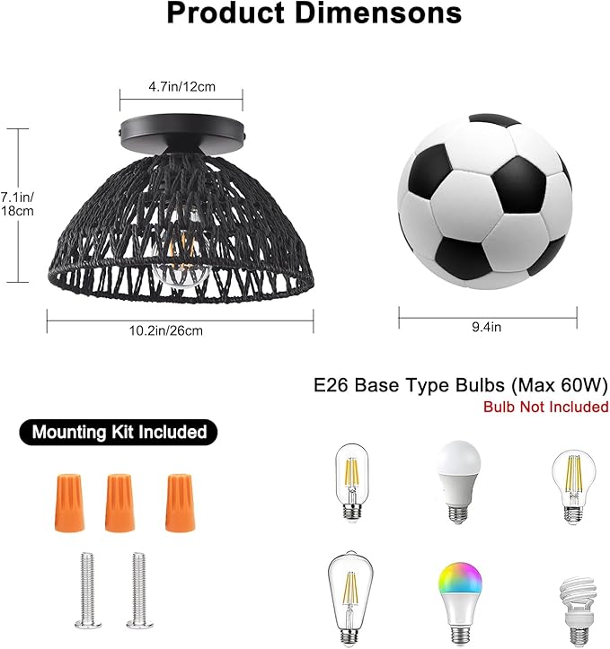 2 Pack 10.2" H Farmhouse Fixtures Ceiling Mount,Black Rattan Boho Semi Flush Mount Ceiling Light,Hand Woven Hallway Light Fixtures for Bedroom Entryway