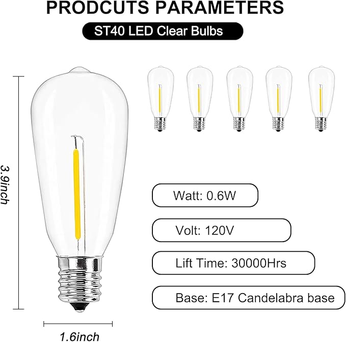 25Pack ST40 LED Replacement Light Bulbs,Vintage Edison Waterproof Shatterproof Dimmable E17 LED Bulbs for Indoor Outdoor Patio Wedding String Lights,0.6 Wat, Warm White, 2700K