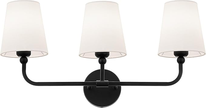 Bathroom Light Fixtures, Matte Black Vanity Lights with Flared White Fabric Shade, 3 Light Wall Sconce, Modern Sconces Wall Lighting for Hallway Bedroom, VL837-MB-3