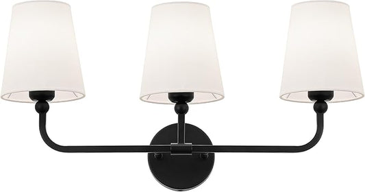 Bathroom Light Fixtures, Matte Black Vanity Lights with Flared White Fabric Shade, 3 Light Wall Sconce, Modern Sconces Wall Lighting for Hallway Bedroom, VL837-MB-3