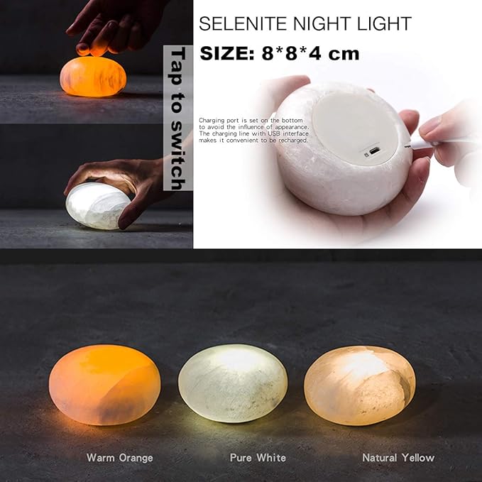 Selenite Lamp Hand Carved Stone Lamp Rechargeable Taplights Selenite Crystal Light with Dimmer (White/Warm/Yellow) for Bedroom Healing Natural Crystal Light (1 Piece, Round Taplight)