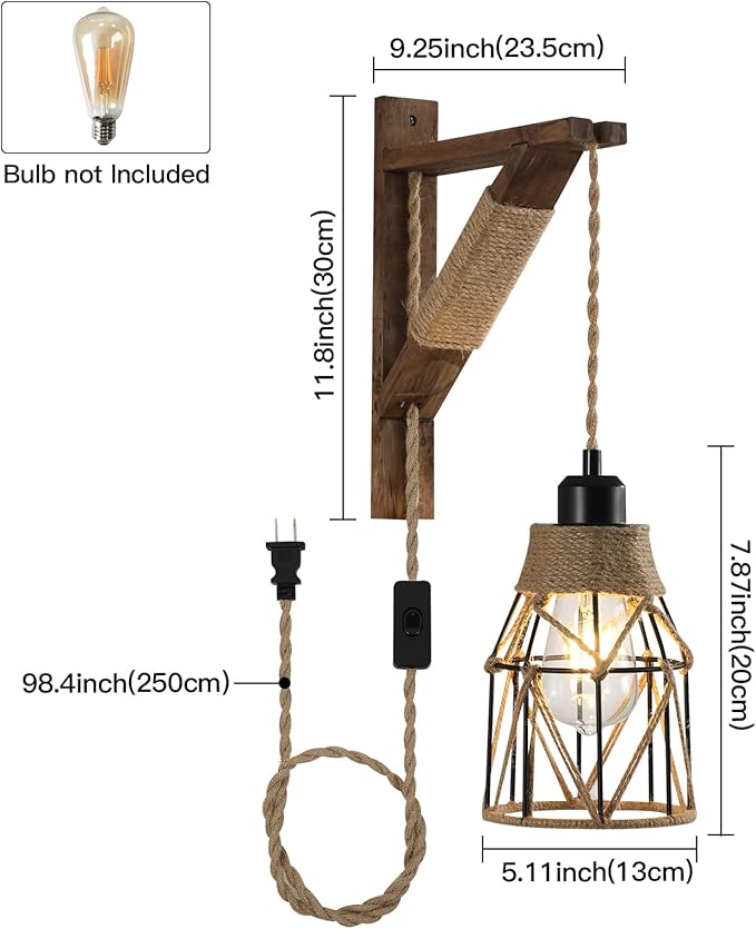SEEBLEN Plug in Wall Sconces Set of 2,Farmhouse Hanging Lamps That Plug into Wall Outlet, Rustic Metal Cage Sconce with Wooden Bracket for Bedroom Living Room Headboard.