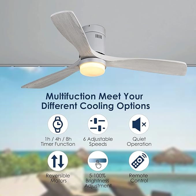 Sofucor 52" Flush Mount Ceiling Fan with lights Remote Control, Outdoor Indoor Ceiling Fans with Lights, Dimming Lighting, Quiet Energy Saving with 6 Speeds, Timer, Silver