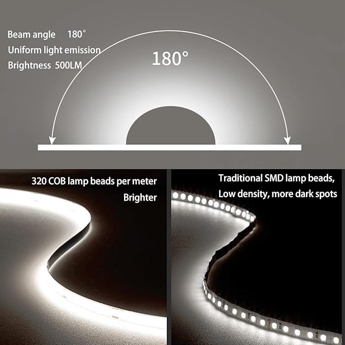 MDee】COB LED Strip Lights 3000K Warm White 9.84ft/3m 5V Flexible LED Tape Lights CRI 90+ 800LM/m 320LEDs/m for Indoor and Outdoor Décor（3000K Warm White9.84ft/3m）