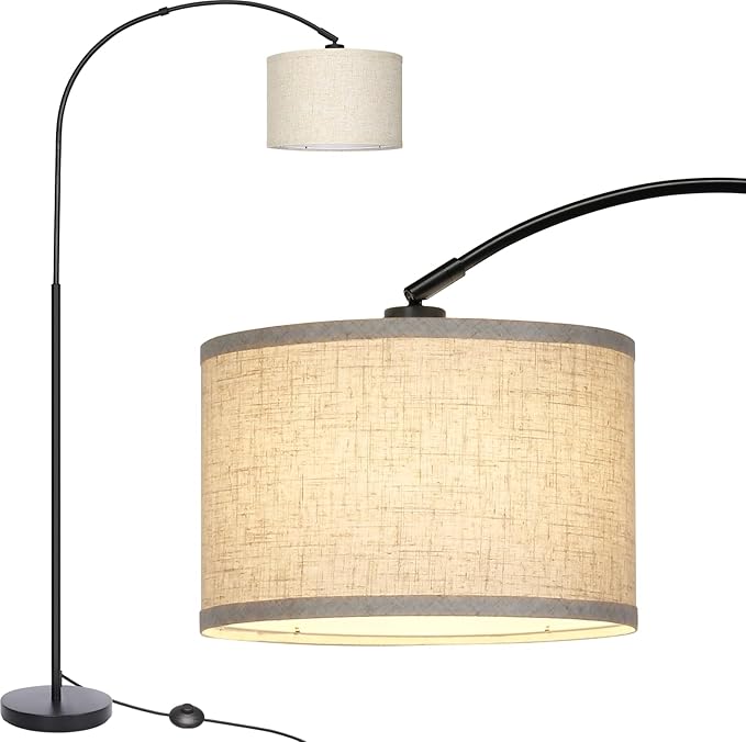 Seaside village Arc Floor Lamps for Living Room, Modern Standing Lamp with Adjustable Hanging Drum Shade, Tall Pole Lamp with Foot Switch, Over Couch Arched Reading Light for Bedroom, Office (Black)
