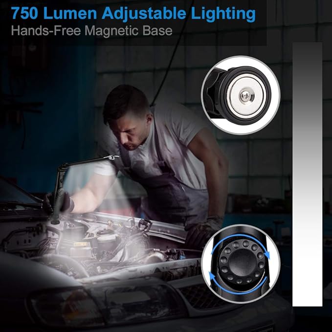 ORHOMELIFE Rechargeable LED Work Light - 750 Lumens Foldable LED Flashlight Handheld Cordless Work Light with Magnetic Base, 360°Rotate, Power Indicator for Car Repair, Garage, Household, Outdoor