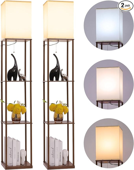 Floor Lamp with Shelves, Modern Square Standing Lamp with 3 Color Temperature Bulb, Corner Display Bookshelf Lamp for Living Room, Bedroom and Office(Brown-2 Pack)