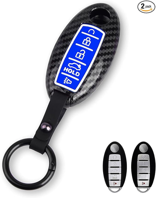 Xotic Tech Smart Key Fob Shell Full Cover Case w/Keychain Compatible with Nissan Maxima Murano Altima GT-R 370Z Rogue or Infiniti JX35 Q50 Q60 Q70 QX60, Carbon Fiber ABS Silicone Night-Luminous Blue