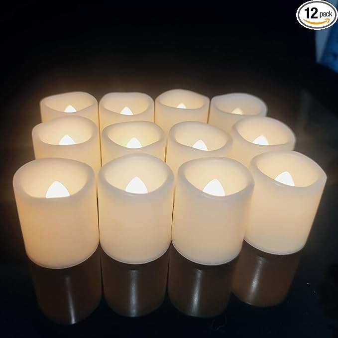 12 Pack Flameless Votive Candles Flickering Electric Fake Candles LED Battery Operated Tea Lights for Home Wedding Decor Party Table Halloween Christmas Decorations, Warm White Glow
