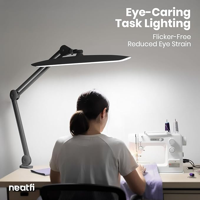 Neatfi XL 2200 Lumens 24W LED Desk Lamp with Clamp - Shadow-Free Task Lighting | 4-Level Dimming | Home Office & Crafts Use | 20-Inch Wide Head (Non-CCT, Space Gray)