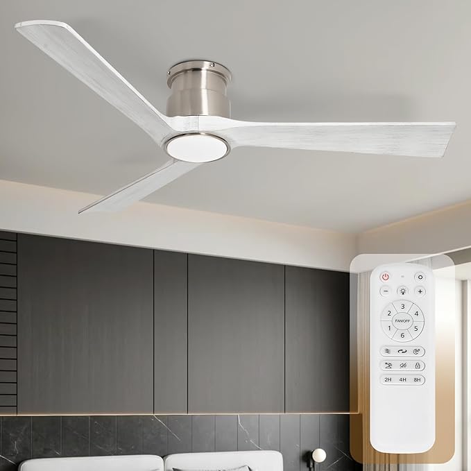 52Inch Ceiling Fan with Lights Remote Control,Flush Mount Ceiling Fan with Noiseless Reversible DC Motor with 6-Speed and Timer for Bedroom,Living Room,Home Office,Brushed Nickel
