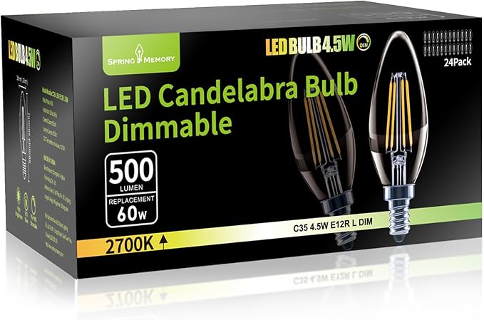 24 Pack E12 Dimmable 60W Equivalent LED Chandelier Light Bulbs, 4.5W Clear 2700K Soft Warm White 500LM B11 Vintage Filament Candle Light