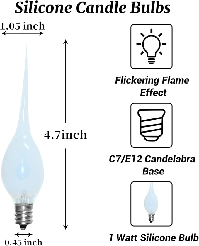 12 Pack Flicker Flame Silicone Candle Lights Bulbs, C7 Clear Silicone Flickering Halloween Decorations Lights Replacement Bulbs for Electric Candle Lamps, Chandelier, E12 Candelabra Base, 1 Watt