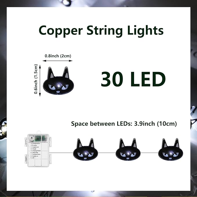 Halloween Decorations Fairy Lights Black Cats, 30 LED Copper String Lights with Remote Control Battery Operated for Cosplay Party Supplies, Gothic Halloween Decor