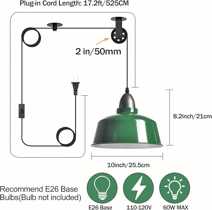 Plug in Pendant Light, Green Farmhouse Hanging Lights with Plug in Cord, Pulley Hanging Lamp, Industrial Pendant Lights Fixture for Kitchen Island, Bedroom, Dining Room, Living Room, Office