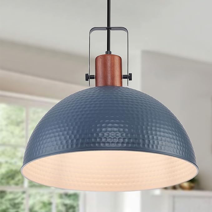 16 Inch Blue Pendant Lights Hammered Matte Pendant Lights for Kitchen Island Industrial Farmhouse Adjustable Height Dome Hanging Light Fixtures for Barn, Dining Room 1 Pack