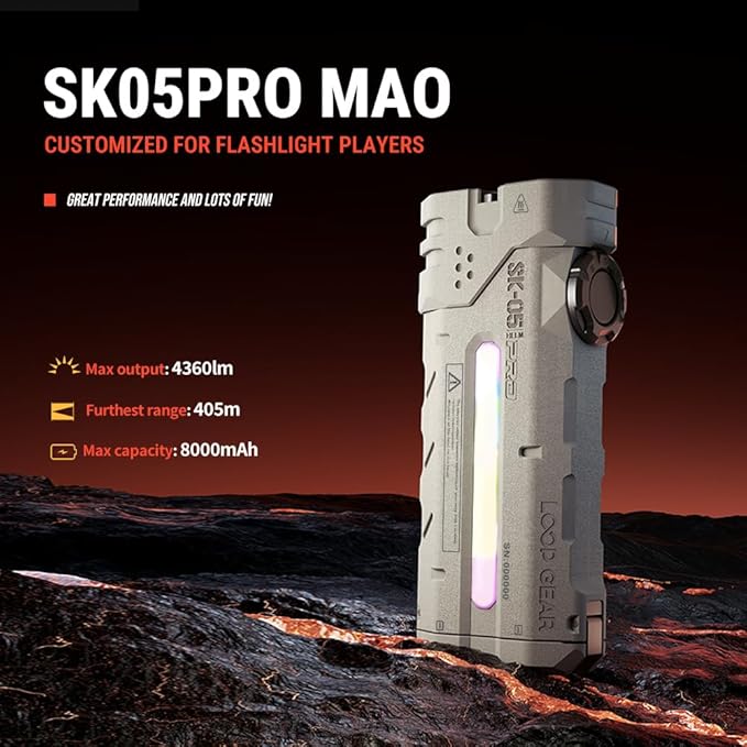 LOOP GEAR SK05PRO Mao 4360 Lumens Flat EDC Flashlight, 8000mAh Rechargable Flash Light Combines Floodlight Spotlight and Sidelight Idea for Emergency Camping - IP68 with Magnetic and Back Clip